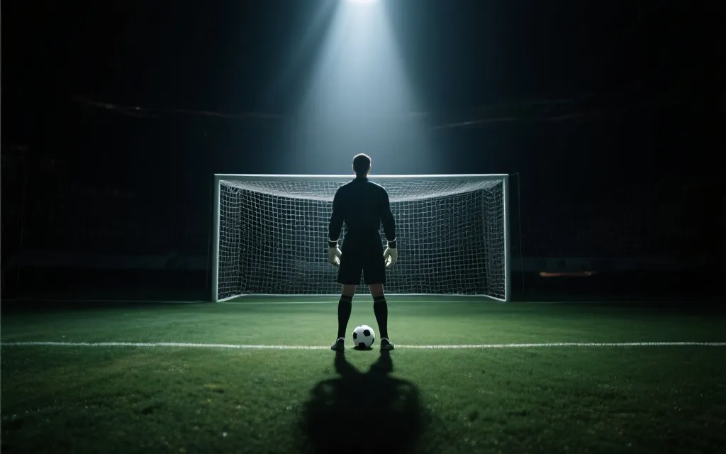 点球大战前球员与门将的紧张对视，电影感光影